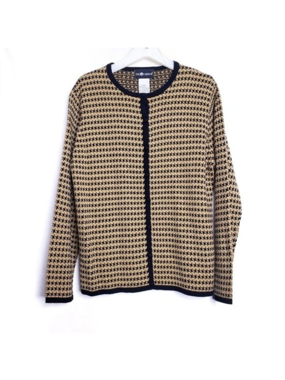 Sag Harbor Houndstooth Tan & Black Button Cardigan Sweater Women's Size Medium